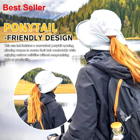 Wide Brim Bucket Sun Hat with Ponytail Hole UPF 50 Packable main image 7